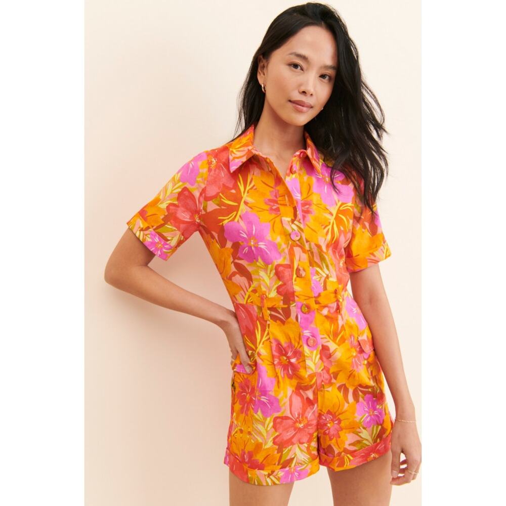 Anthropologie Kachel orange floral linen blend romper size 10
